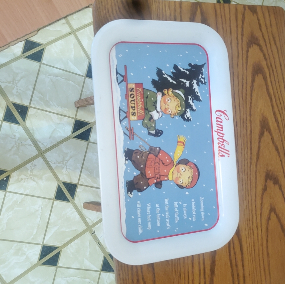 Vintage Campbell's Soup Kids White Tin Tray "Sledding Winter Scene" 1993